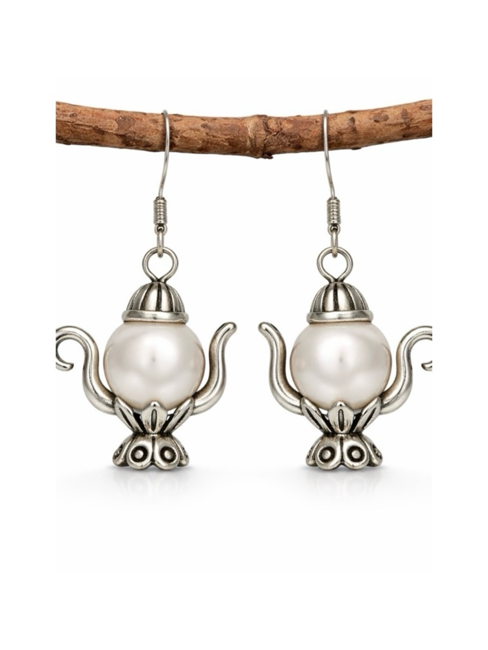 Handmade Antique Silver Teapot Earrings Whimsical Dangle Jewelry with Beads Gift